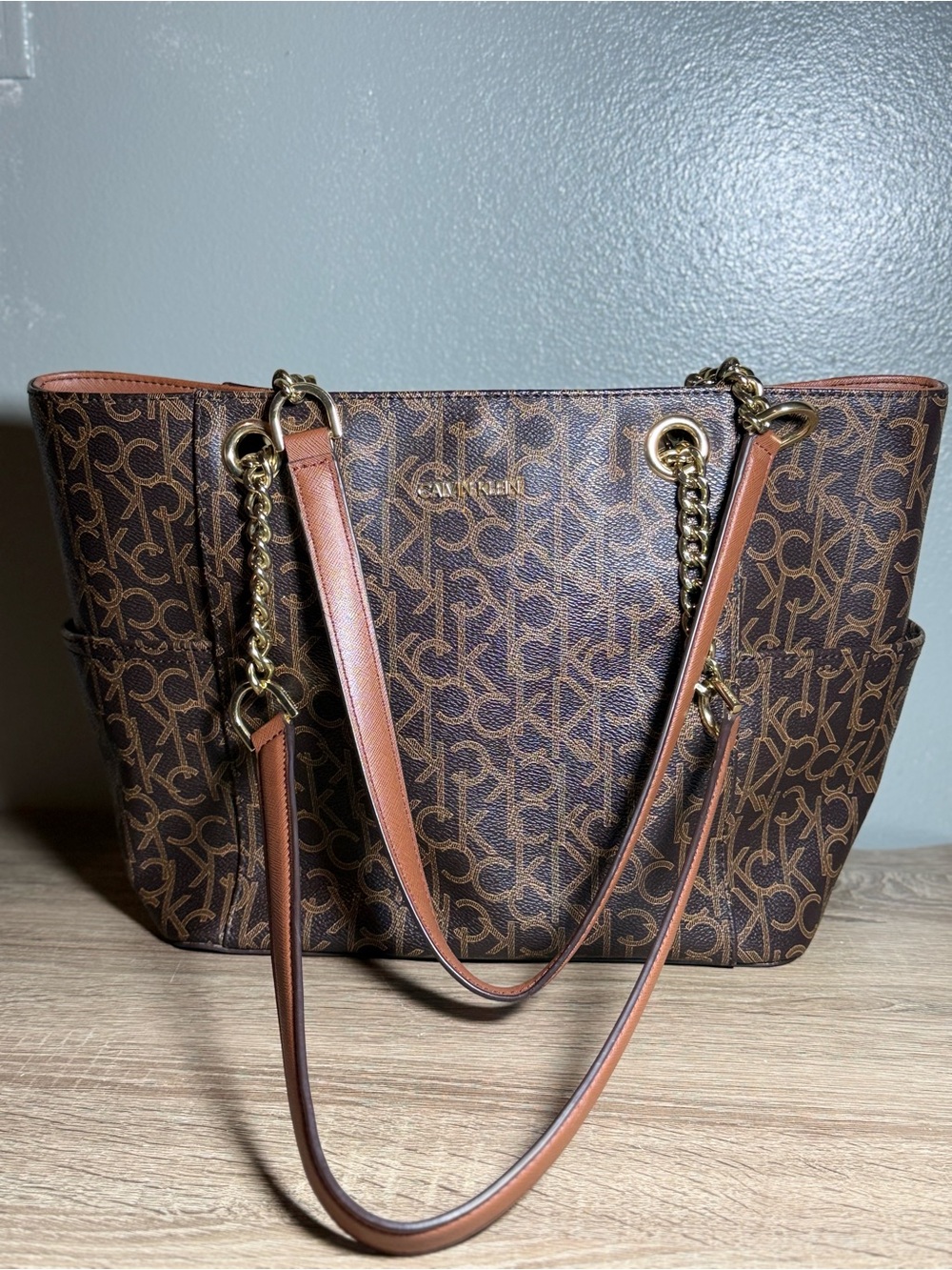 Calvin Klein Brown Logo-Print Tote with Chain Straps
